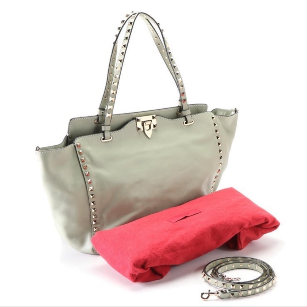 Valentino pale mint grainy soft leather medium rockstud tote crossbody handbag
